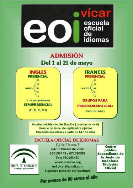 Se abre el plazo de admisión en la Escuela Oficial de Idiomas de Vícar para el curso 2018-19