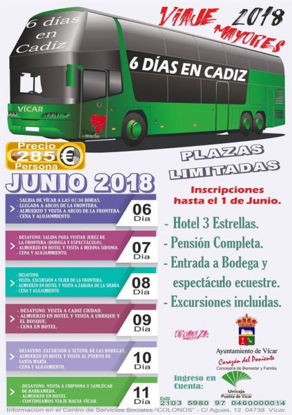 El Ayuntamiento de Vícar oferta Cádiz a sus mayores como destino de su viaje de vacaciones anual